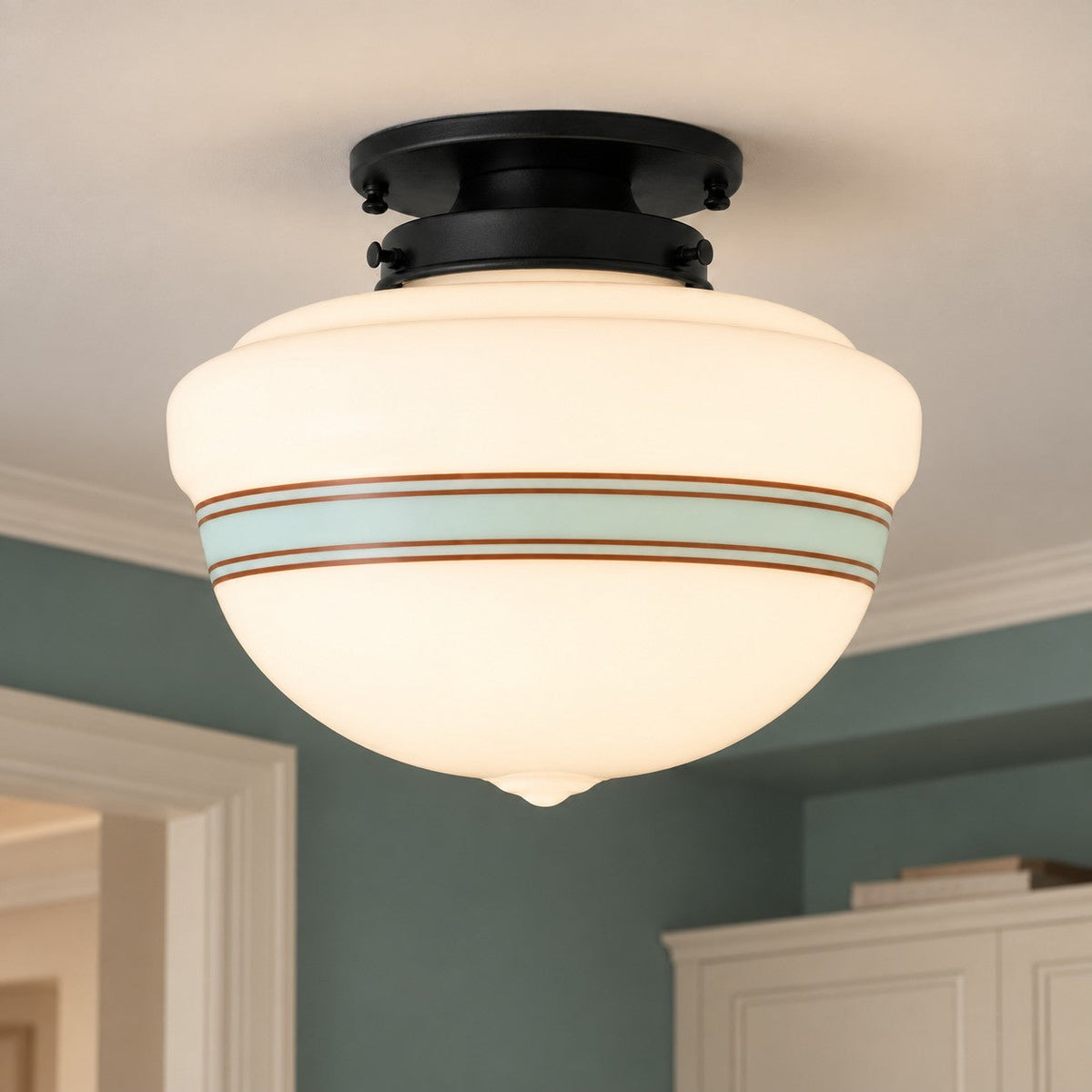Retro Schoolhouse Ceiling Light, Opal Glass with Turquoise Band