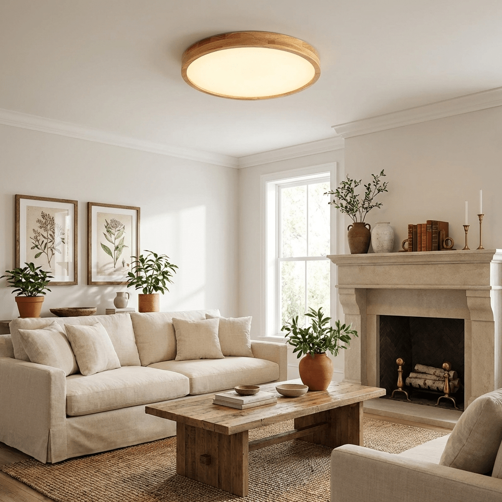 Rubberwood Frame LED Ceiling Light, Three Shapes