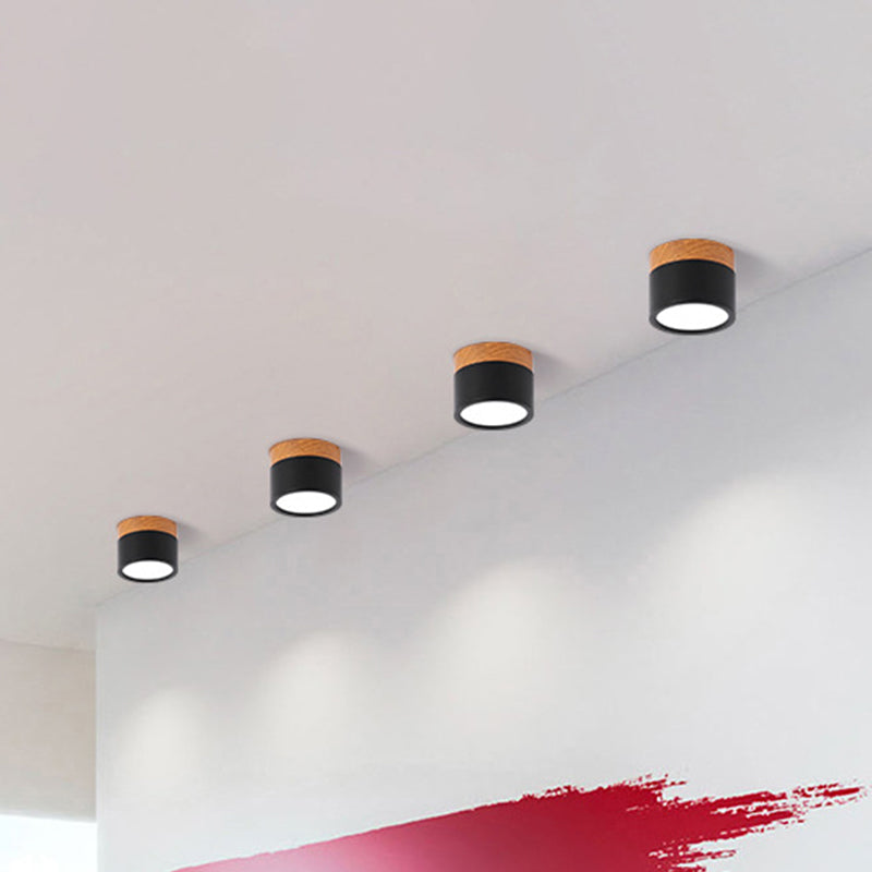 Compact Scandi Flush Ceiling Light with Wood-Effect Top