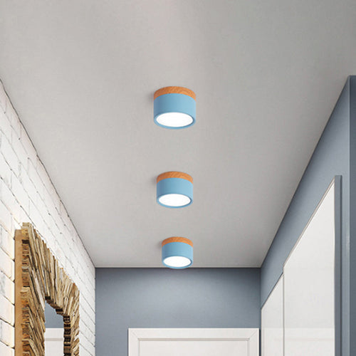 Compact Scandi Flush Ceiling Light with Wood-Effect Top