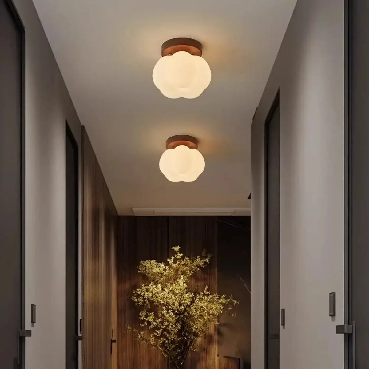 Scandi Flower Ceiling Light with Frosted Glass and Wood Base