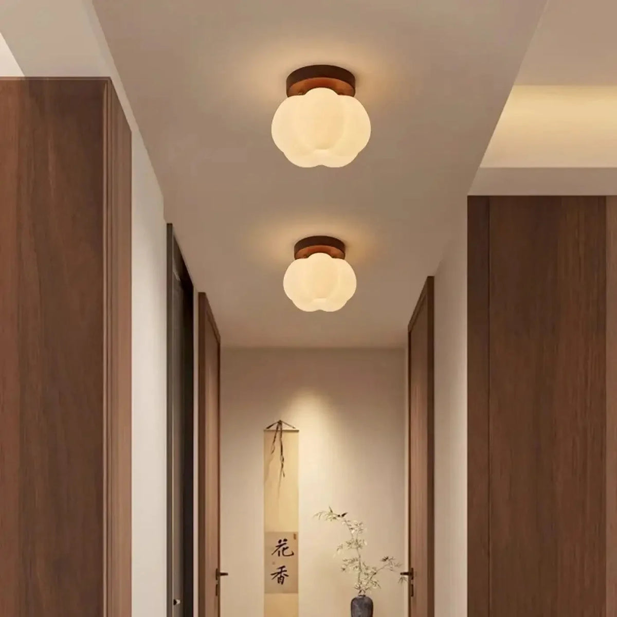 Scandi Flower Ceiling Light with Frosted Glass and Wood Base