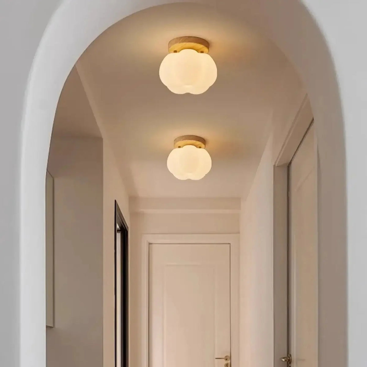 Scandi Flower Ceiling Light with Frosted Glass and Wood Base