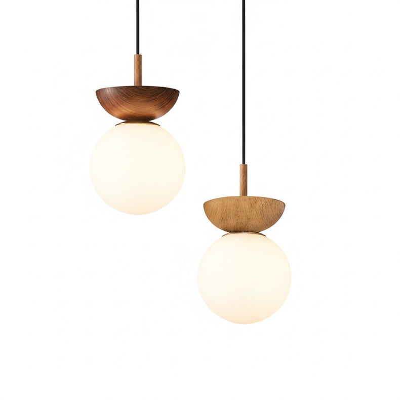 Scandi Opal Glass Globe Ceiling Light with Wooden Detail
