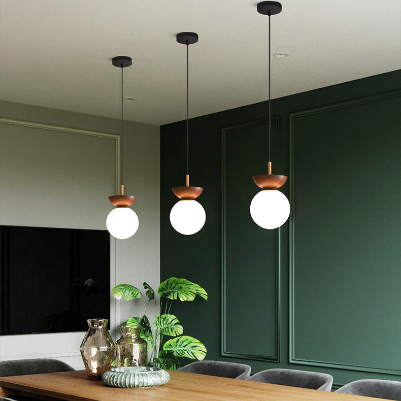 Scandi Opal Glass Globe Ceiling Light with Wooden Detail