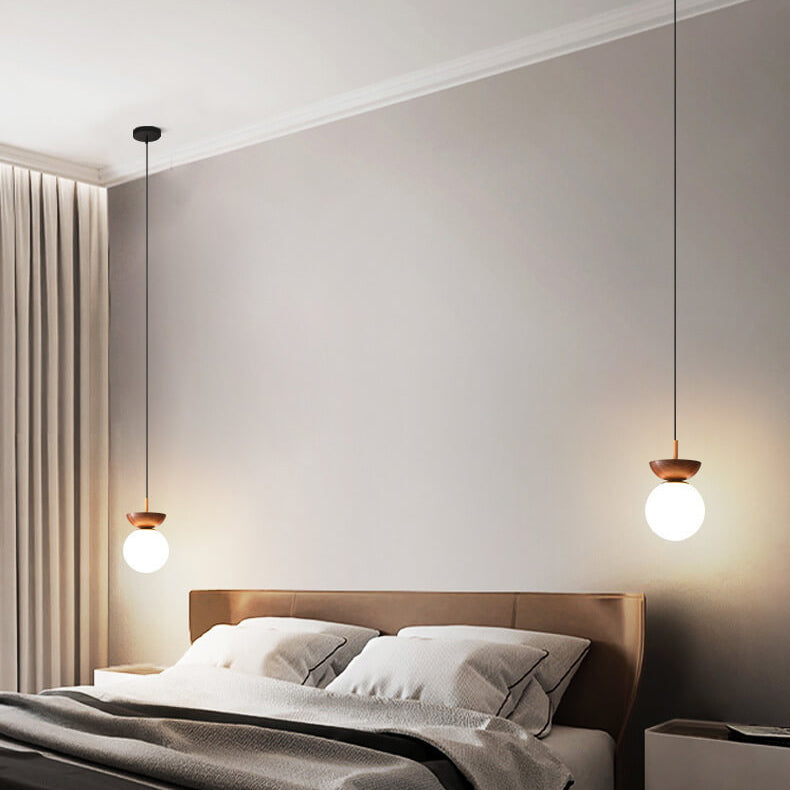 Scandi Opal Glass Globe Ceiling Light with Wooden Detail