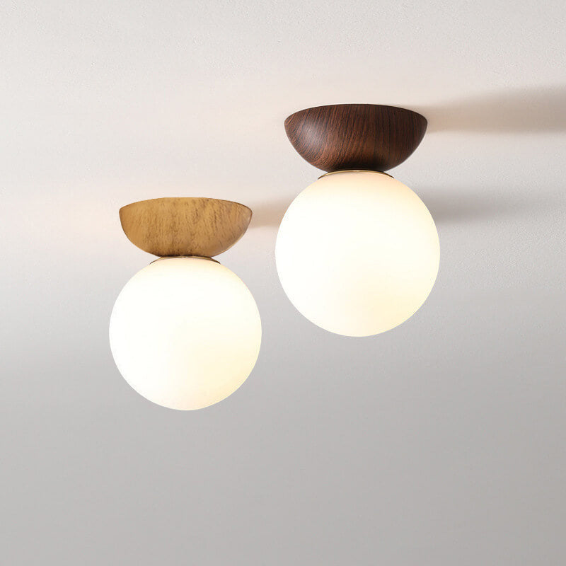 Scandi Opal Glass Globe Ceiling Light with Wooden Detail