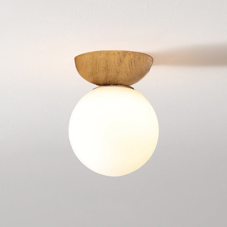 Scandi Opal Glass Globe Ceiling Light with Wooden Detail