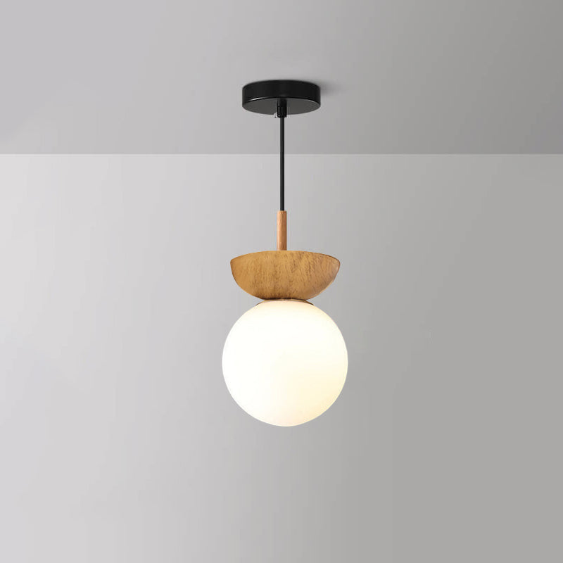 Scandi Opal Glass Globe Ceiling Light with Wooden Detail