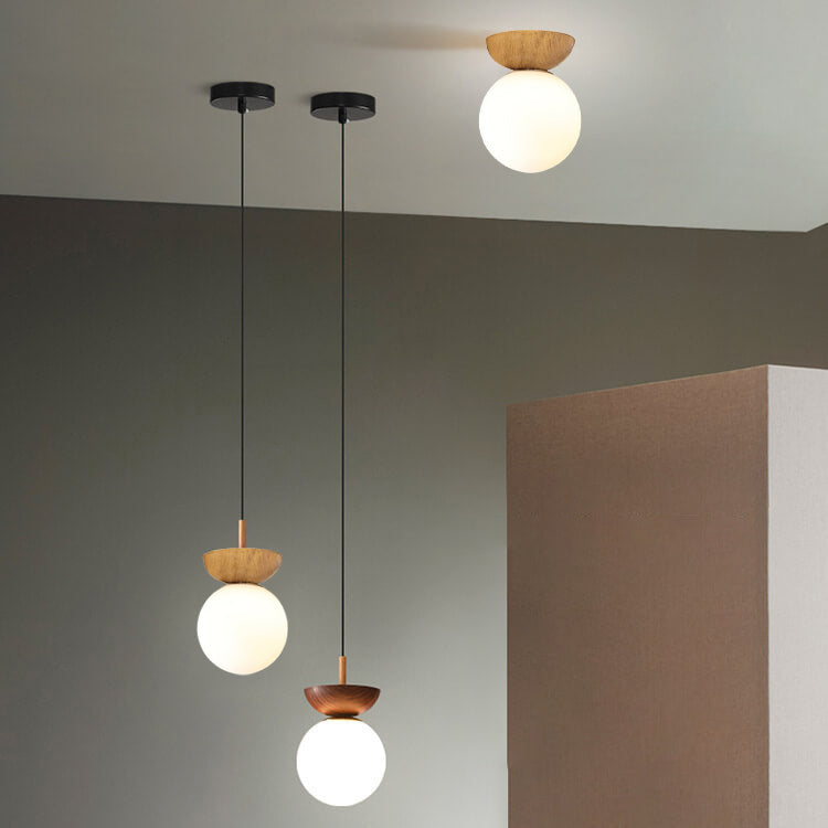 Scandi Opal Glass Globe Ceiling Light with Wooden Detail