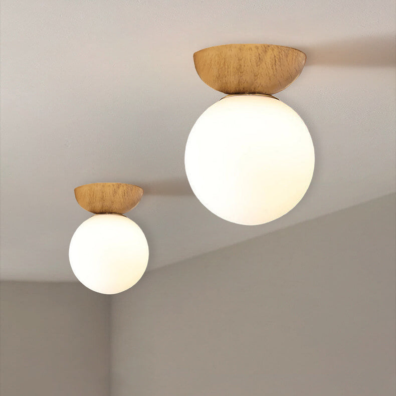Scandi Opal Glass Globe Ceiling Light with Wooden Detail