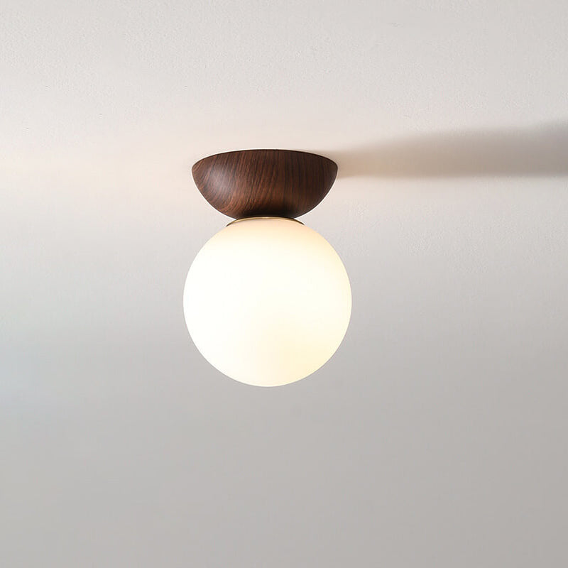 Scandi Opal Glass Globe Ceiling Light with Wooden Detail