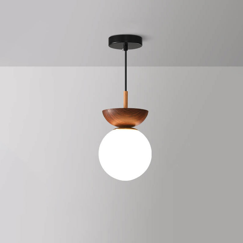 Scandi Opal Glass Globe Ceiling Light with Wooden Detail