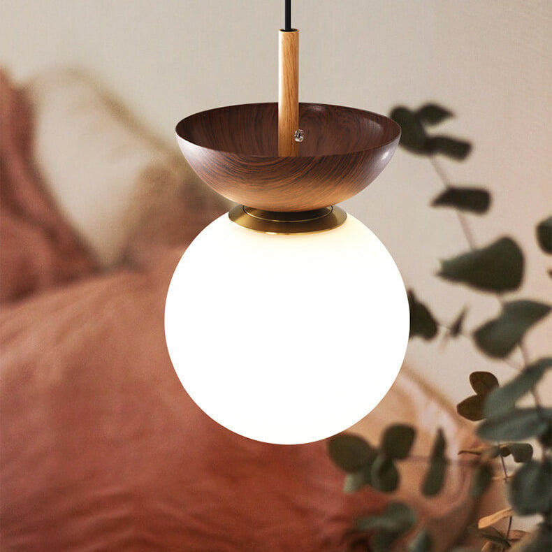 Scandi Opal Glass Globe Ceiling Light with Wooden Detail