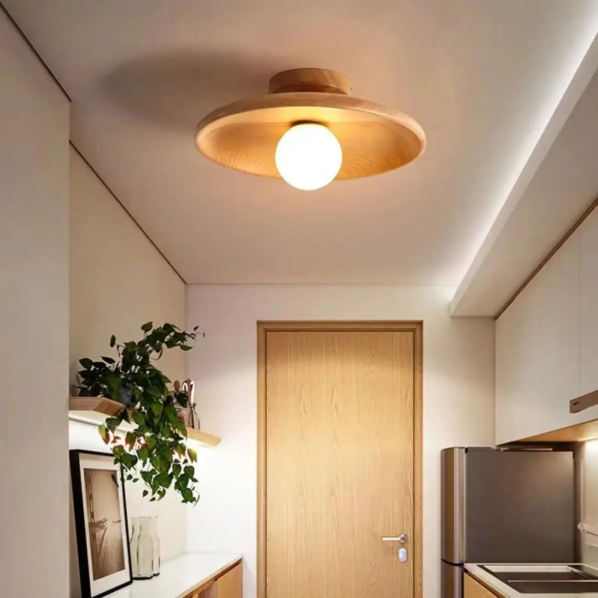 Scandi Wood Effect Saucer Ceiling Light with Opal Globe