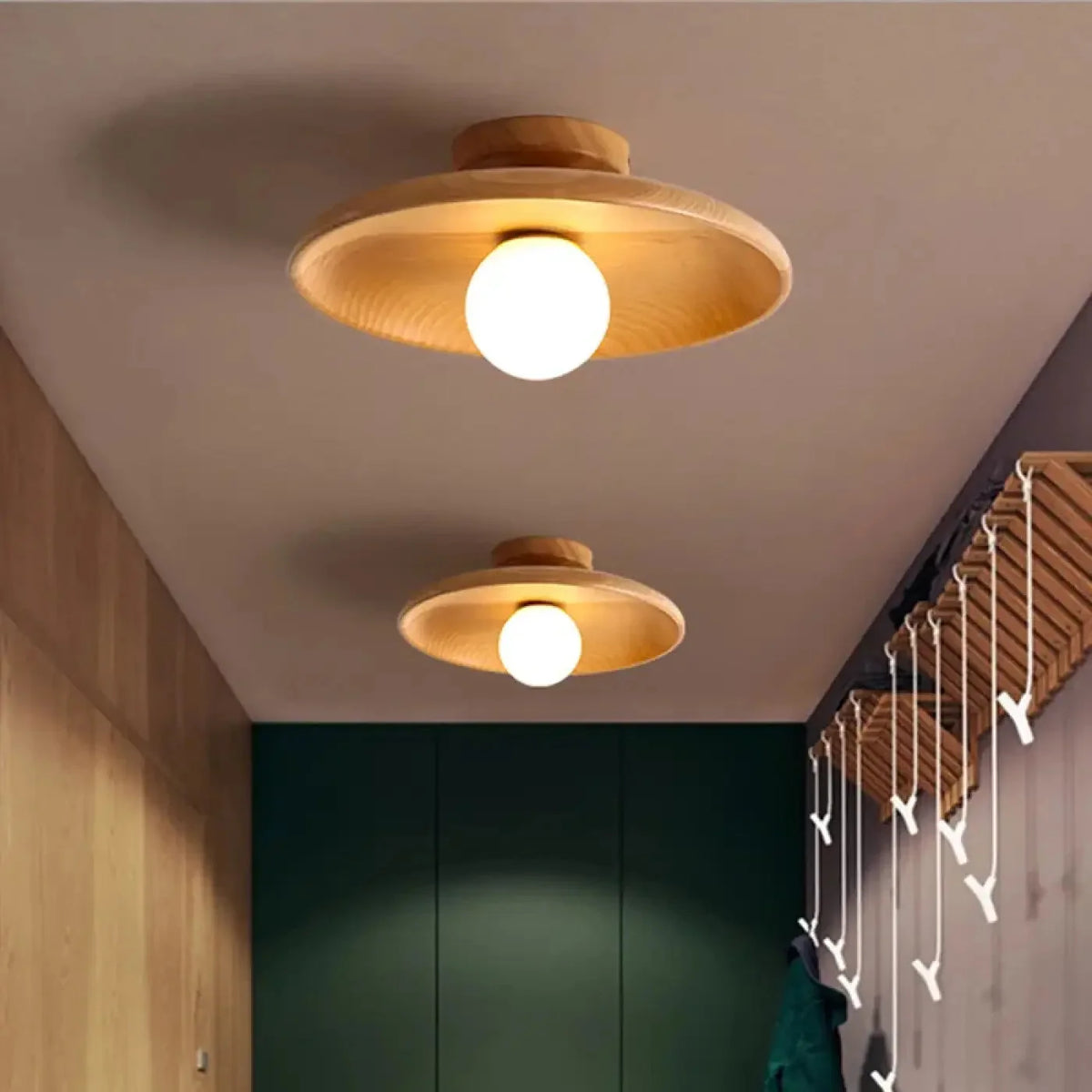 Scandi Wood Effect Saucer Ceiling Light with Opal Globe
