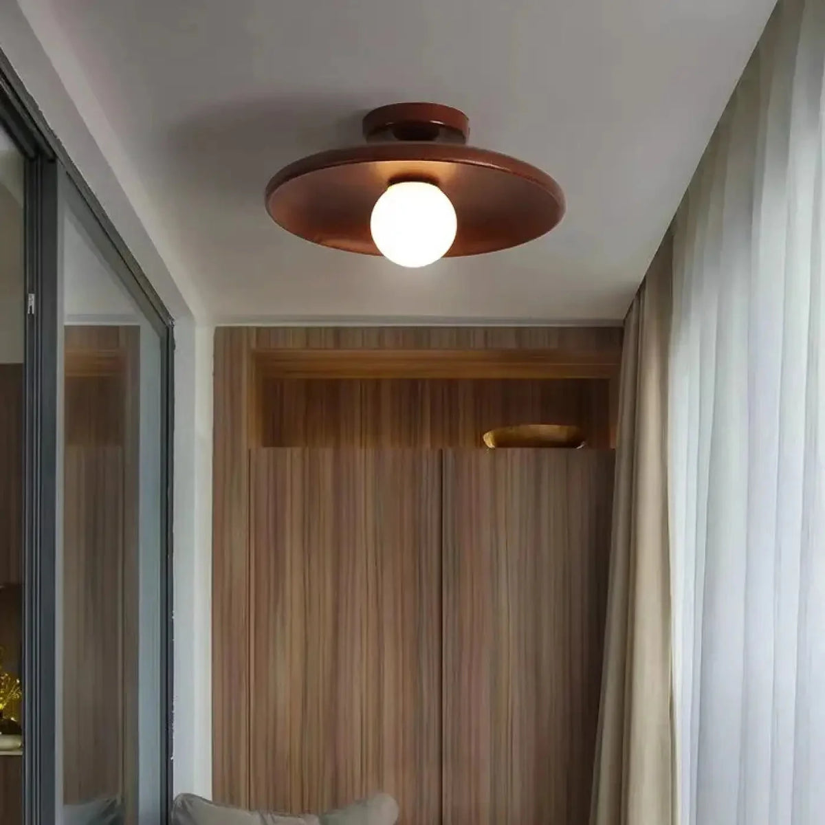 Scandi Wood Effect Saucer Ceiling Light with Opal Globe