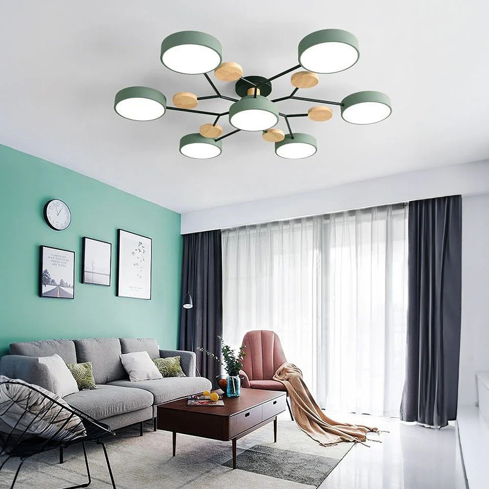 Scandi Semi Flush Ceiling Light with Globes and Wood Detail
