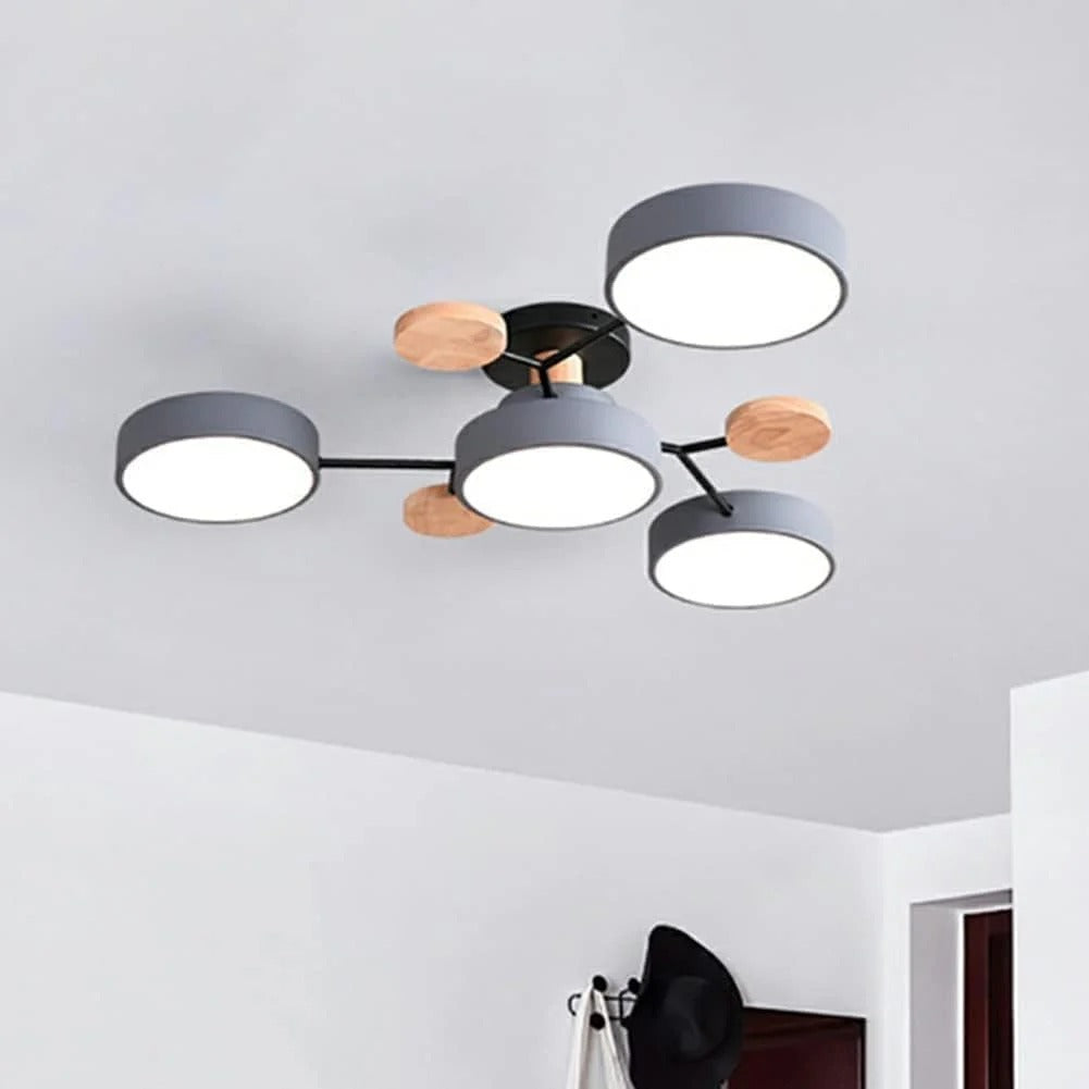 Scandi Semi Flush Ceiling Light with Globes and Wood Detail
