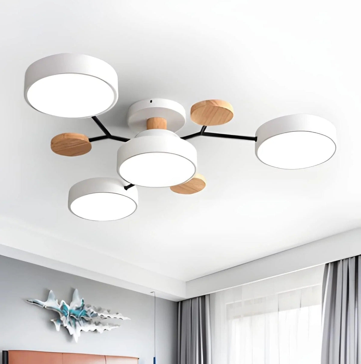 Scandi Semi Flush Ceiling Light with Globes and Wood Detail