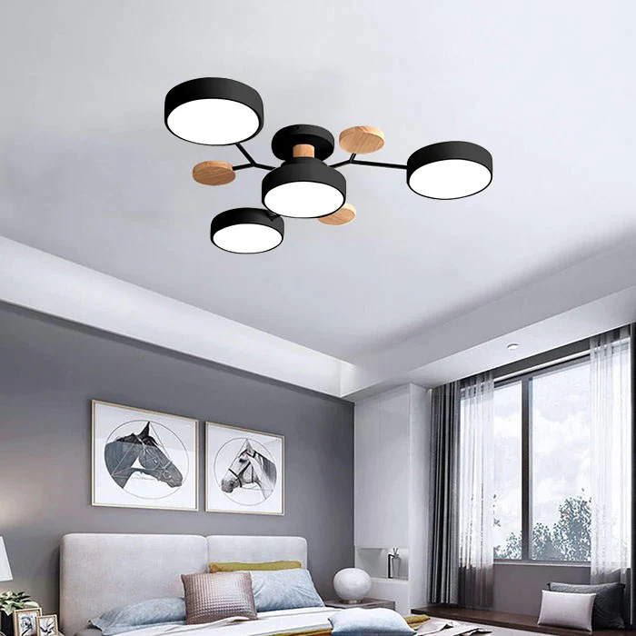 Scandi Semi Flush Ceiling Light with Globes and Wood Detail