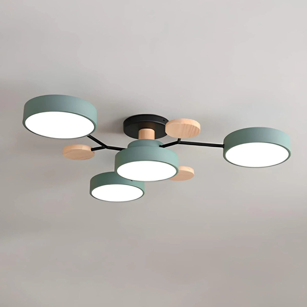 Scandi Semi Flush Ceiling Light with Globes and Wood Detail