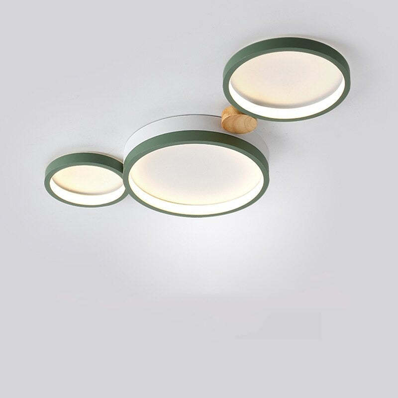 Scandinavian Ceiling Light with Round Shades and Wood Links