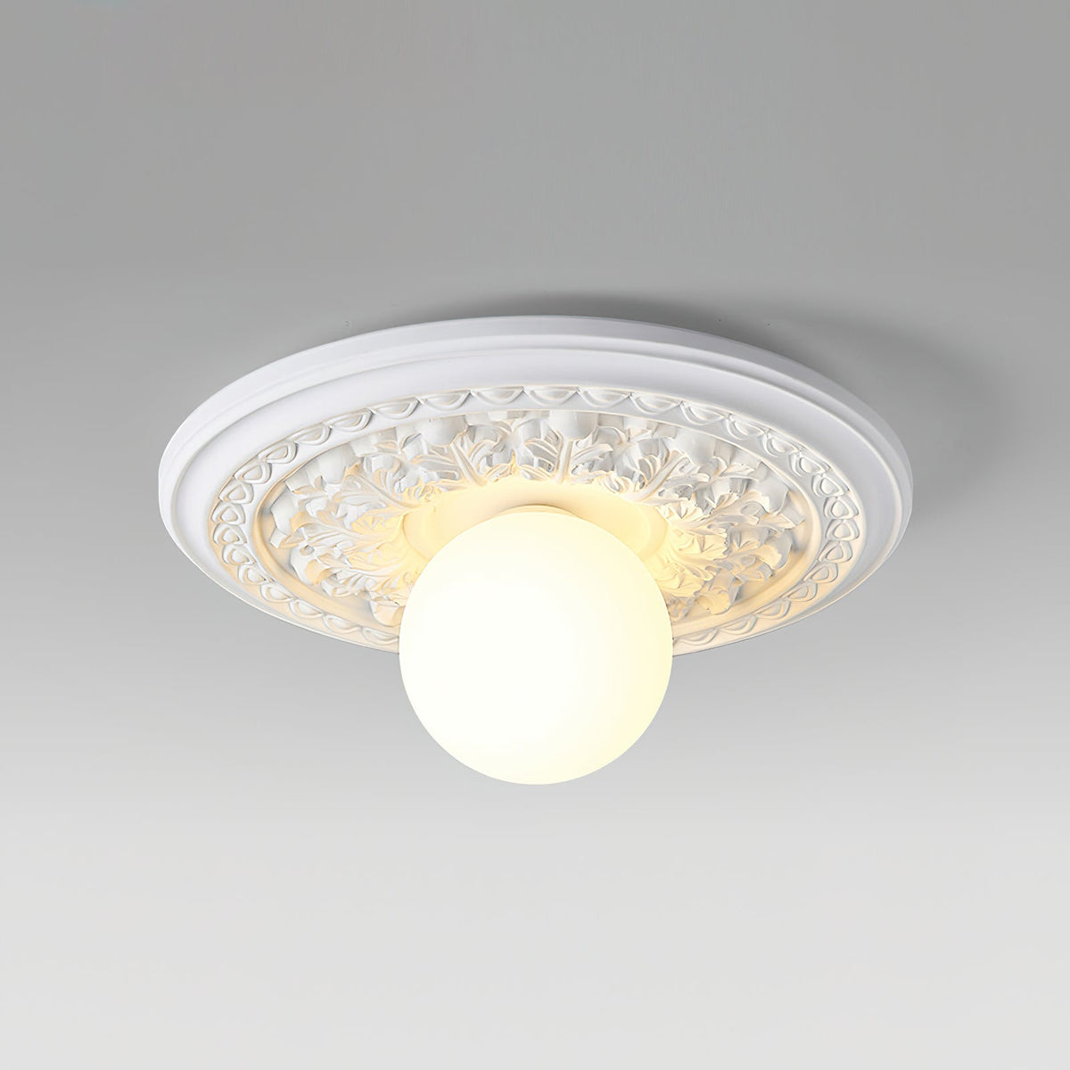 Vintage Ceiling Light with Carved Rosette and Globe Shade