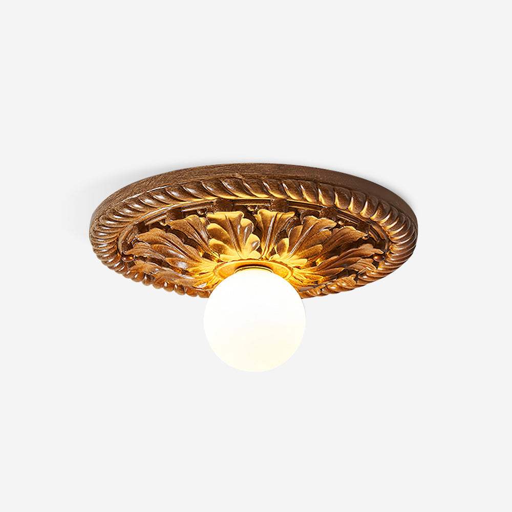 Vintage Ceiling Light with Carved Base and Opal Globe