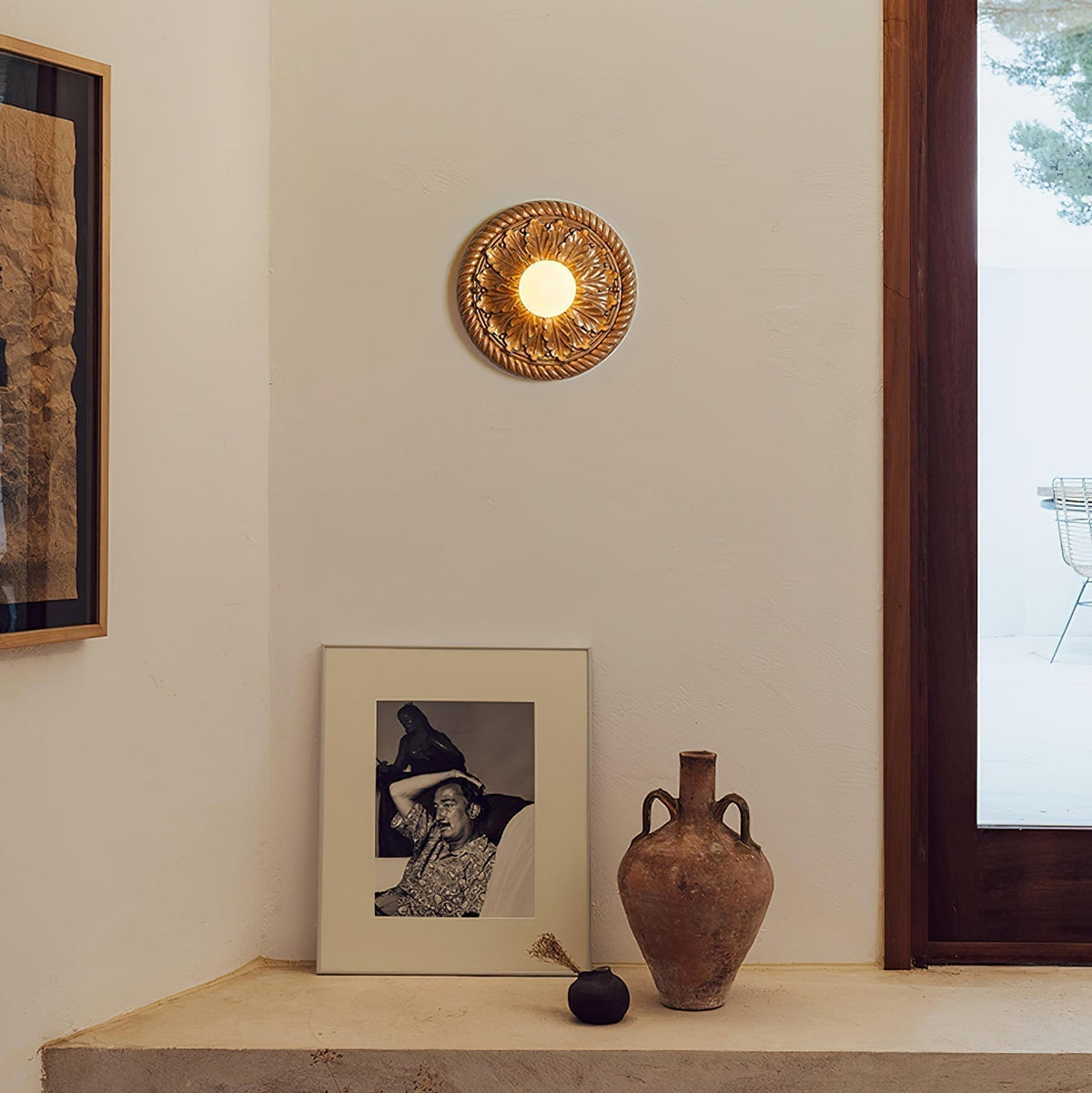 Vintage Ceiling Light with Carved Base and Opal Globe