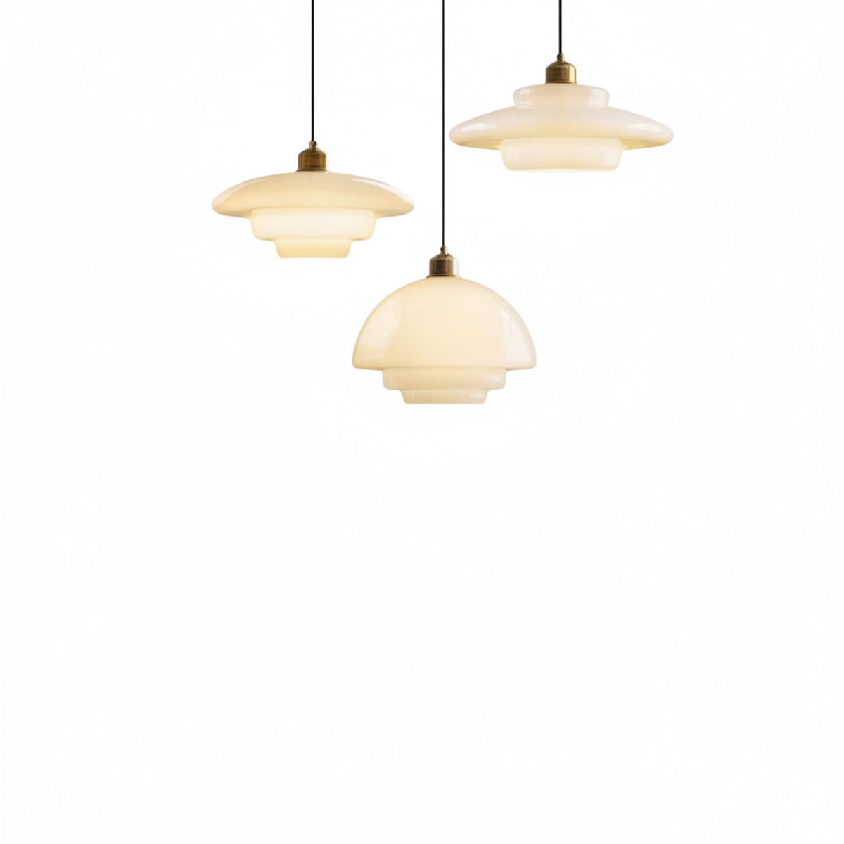 Art Deco Dome Pendant Light in Opal Glass, Brass Finish