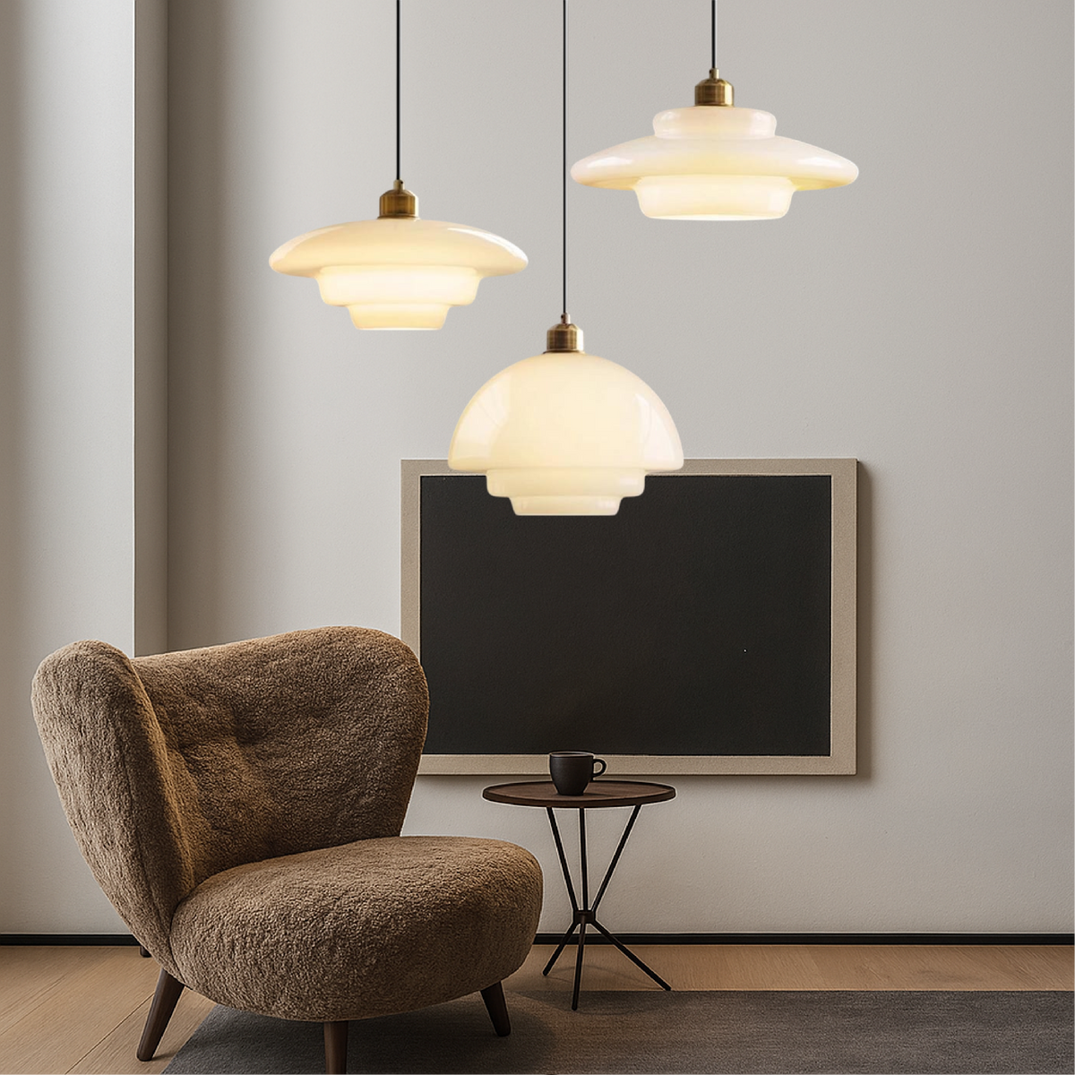 Art Deco Dome Pendant Light in Opal Glass, Brass Finish