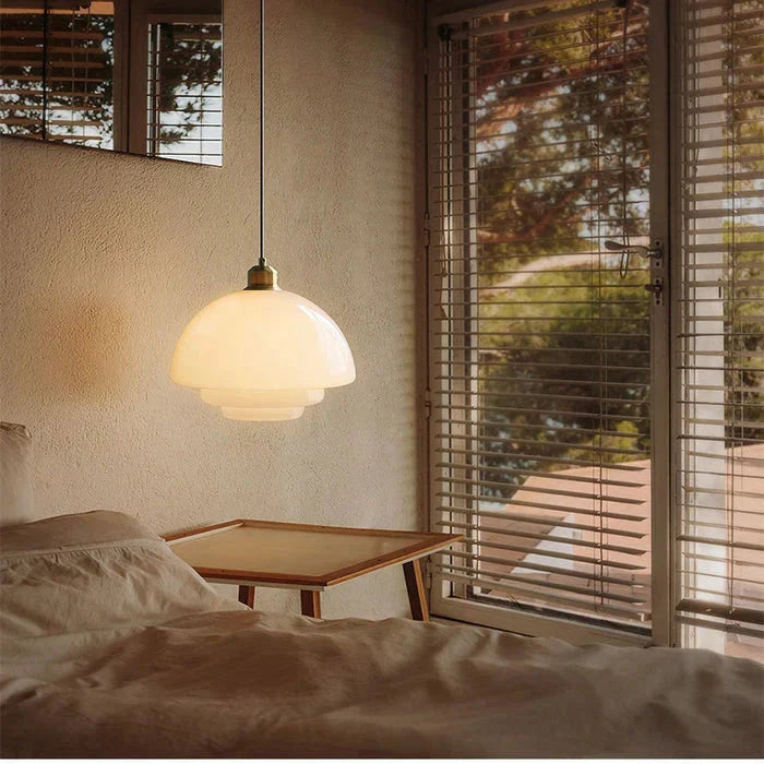 Art Deco Dome Pendant Light in Opal Glass, Brass Finish