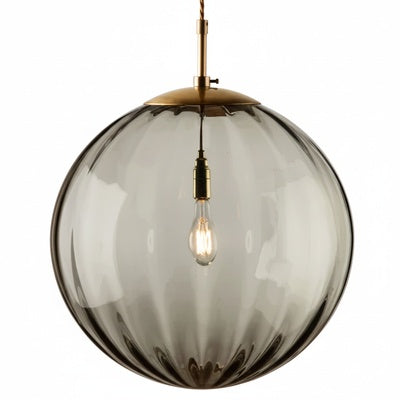 Art Deco Ribbed Glass Globe Pendant Light with Gold-Tone Fitting