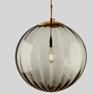 Art Deco Ribbed Glass Globe Pendant Light with Gold-Tone Fitting