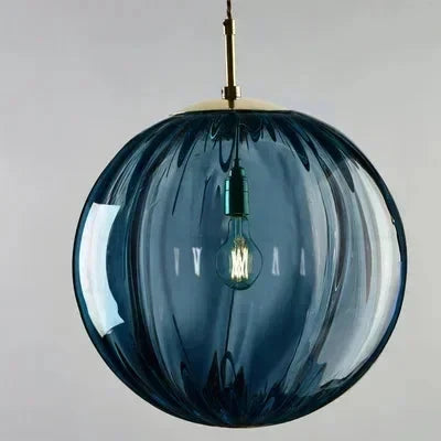 Art Deco Ribbed Glass Globe Pendant Light with Gold-Tone Fitting