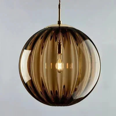 Art Deco Ribbed Glass Globe Pendant Light with Gold-Tone Fitting