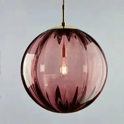 Art Deco Ribbed Glass Globe Pendant Light with Gold-Tone Fitting
