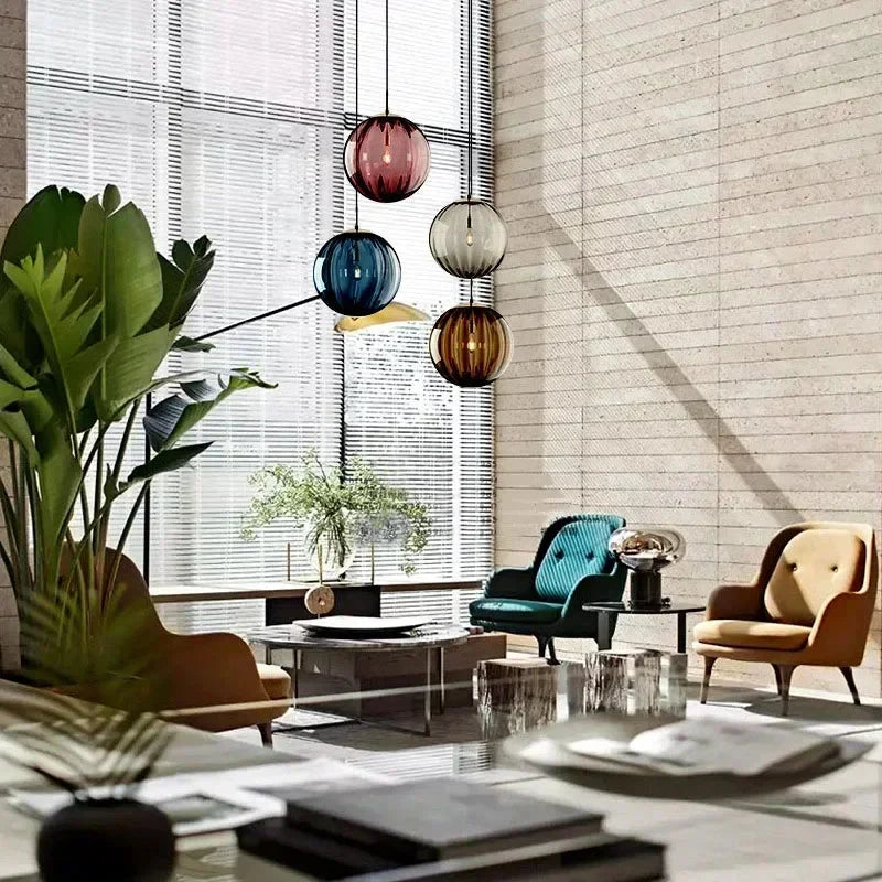 Art Deco Ribbed Glass Globe Pendant Light with Gold-Tone Fitting