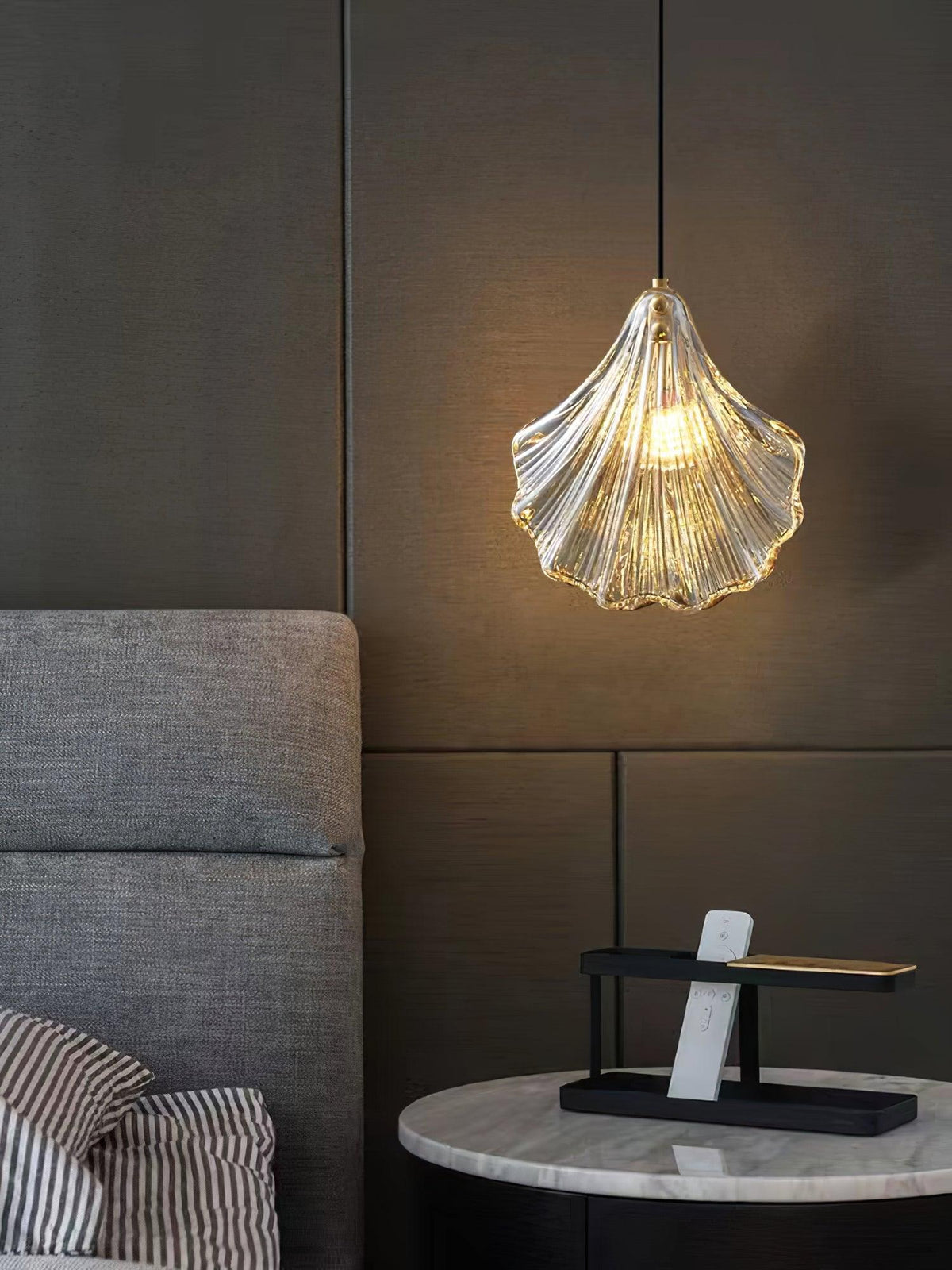 Art Deco Shell Shaped Ribbed Glass Pendant Light