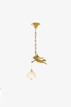 Art Deco Brass Angel Pendant Light with Flower Glass Shade