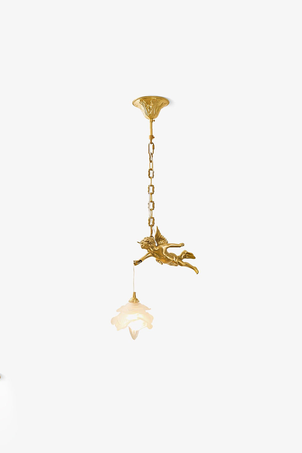 Art Deco Brass Angel Pendant Light with Flower Glass Shade