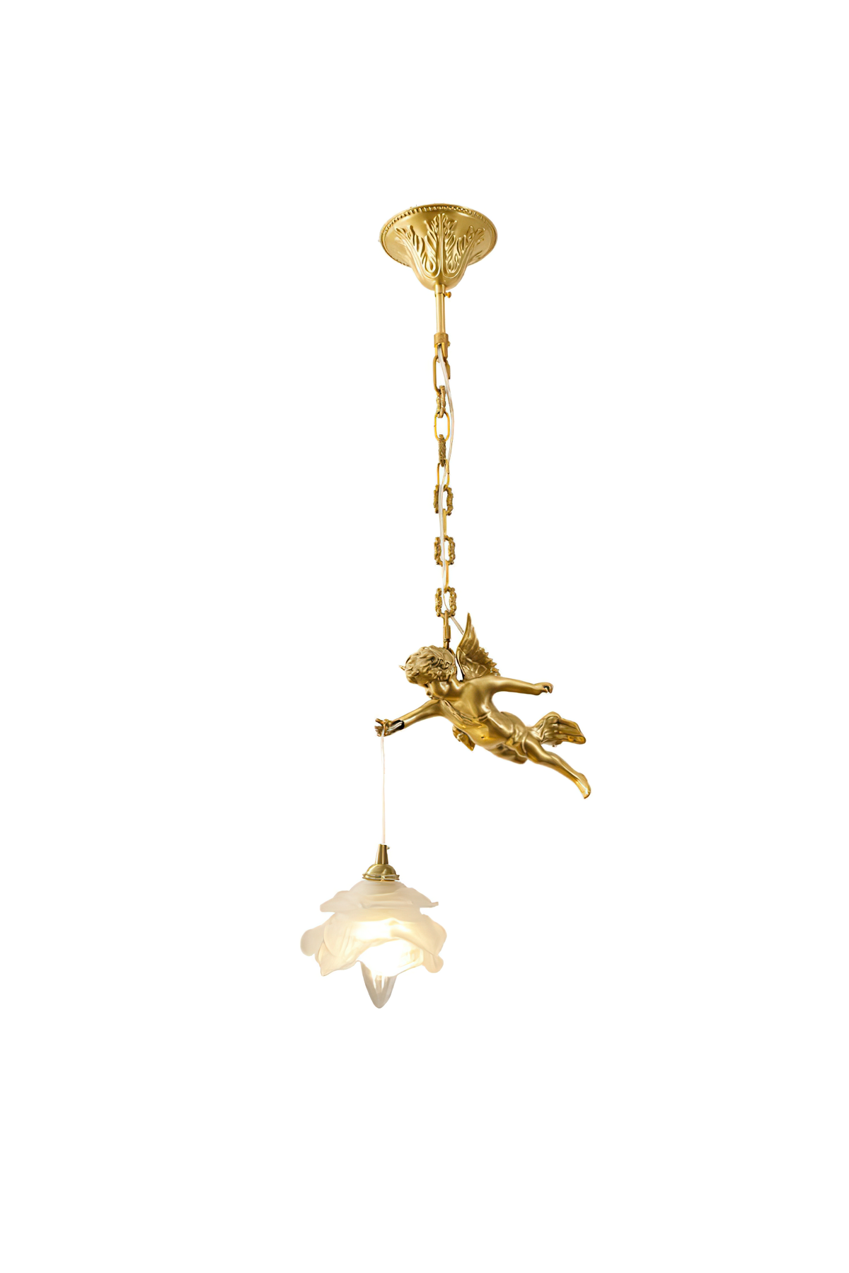 Art Deco Brass Angel Pendant Light with Flower Glass Shade