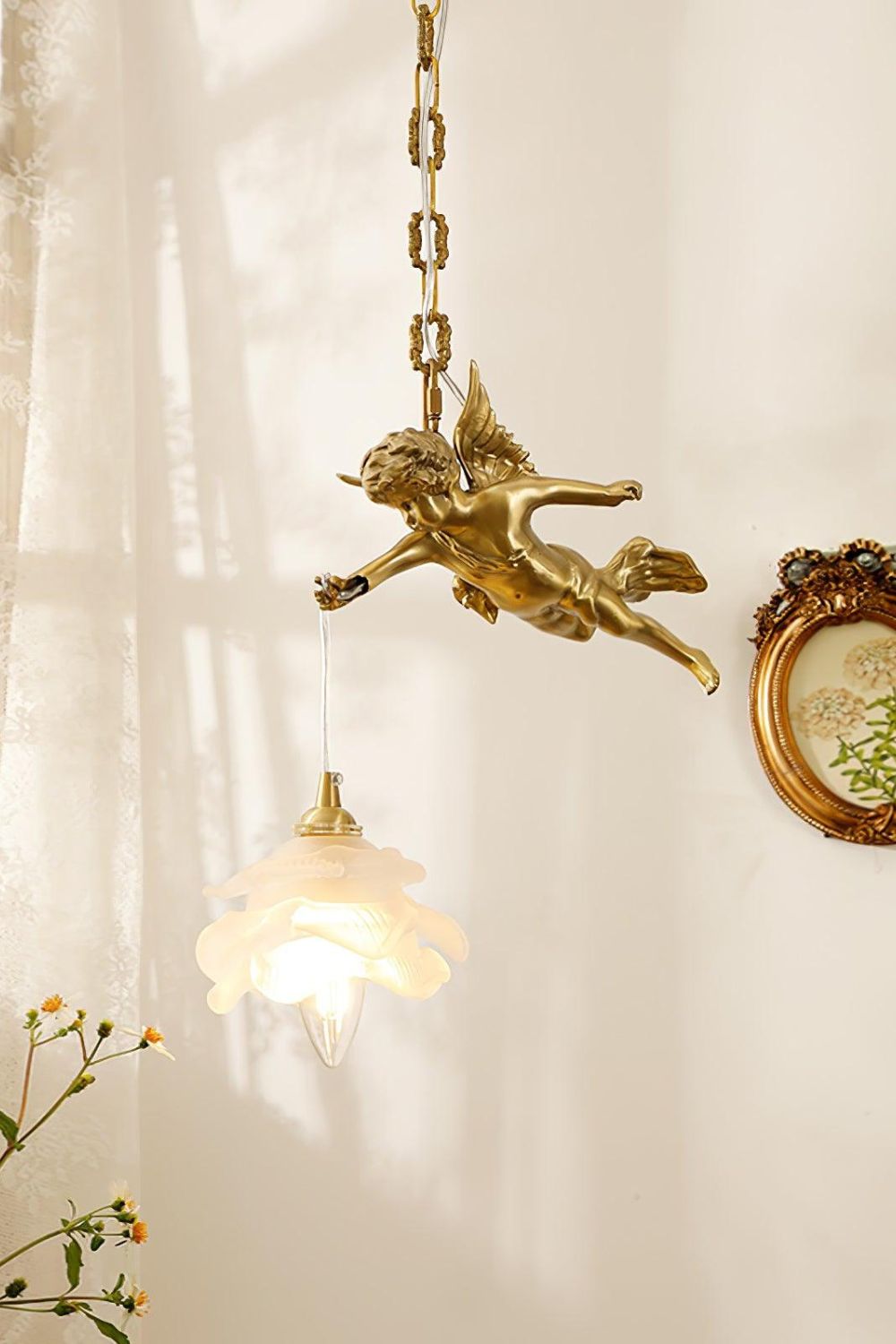 Art Deco Brass Angel Pendant Light with Flower Glass Shade