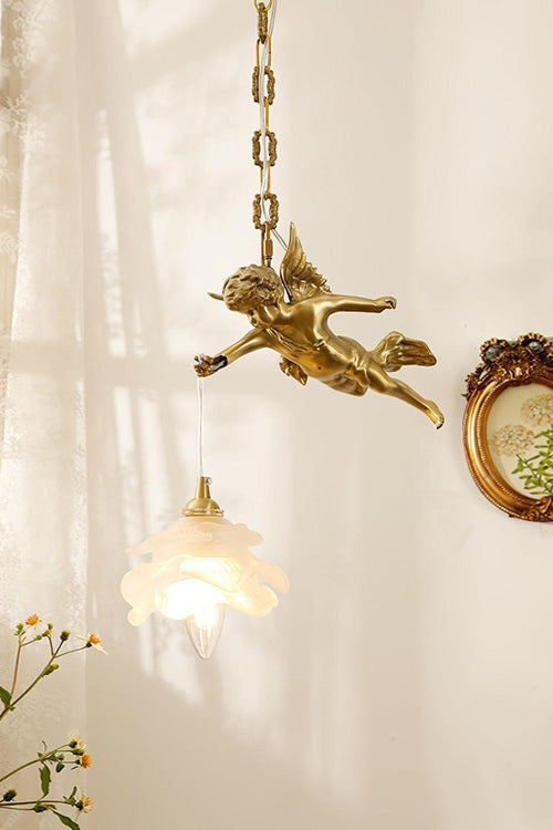 Art Deco Brass Angel Pendant Light with Flower Glass Shade