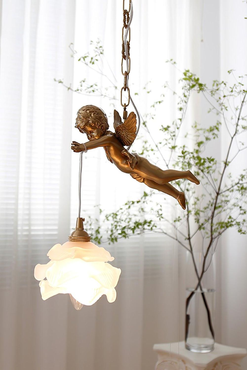 Art Deco Brass Angel Pendant Light with Flower Glass Shade