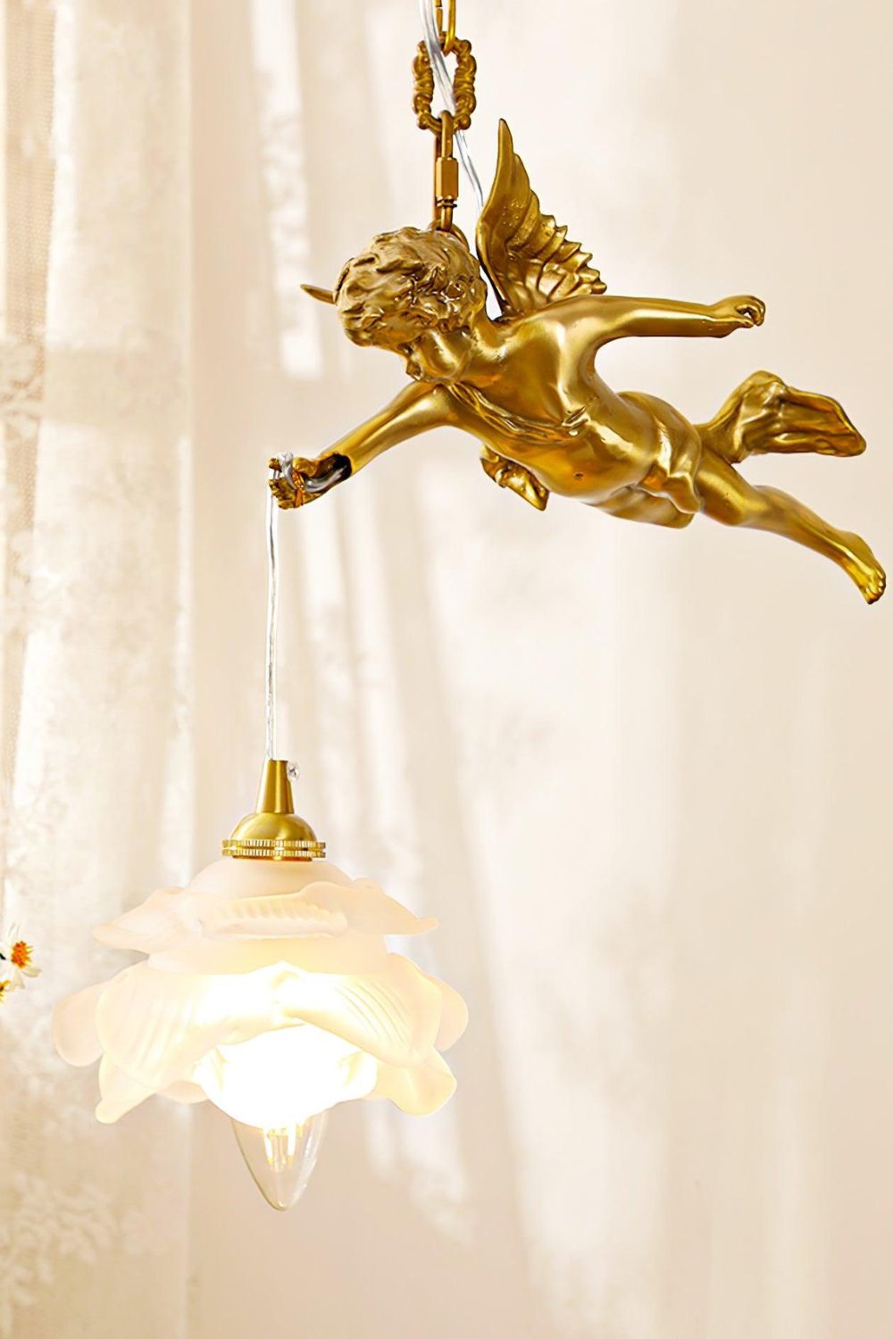 Art Deco Brass Angel Pendant Light with Flower Glass Shade