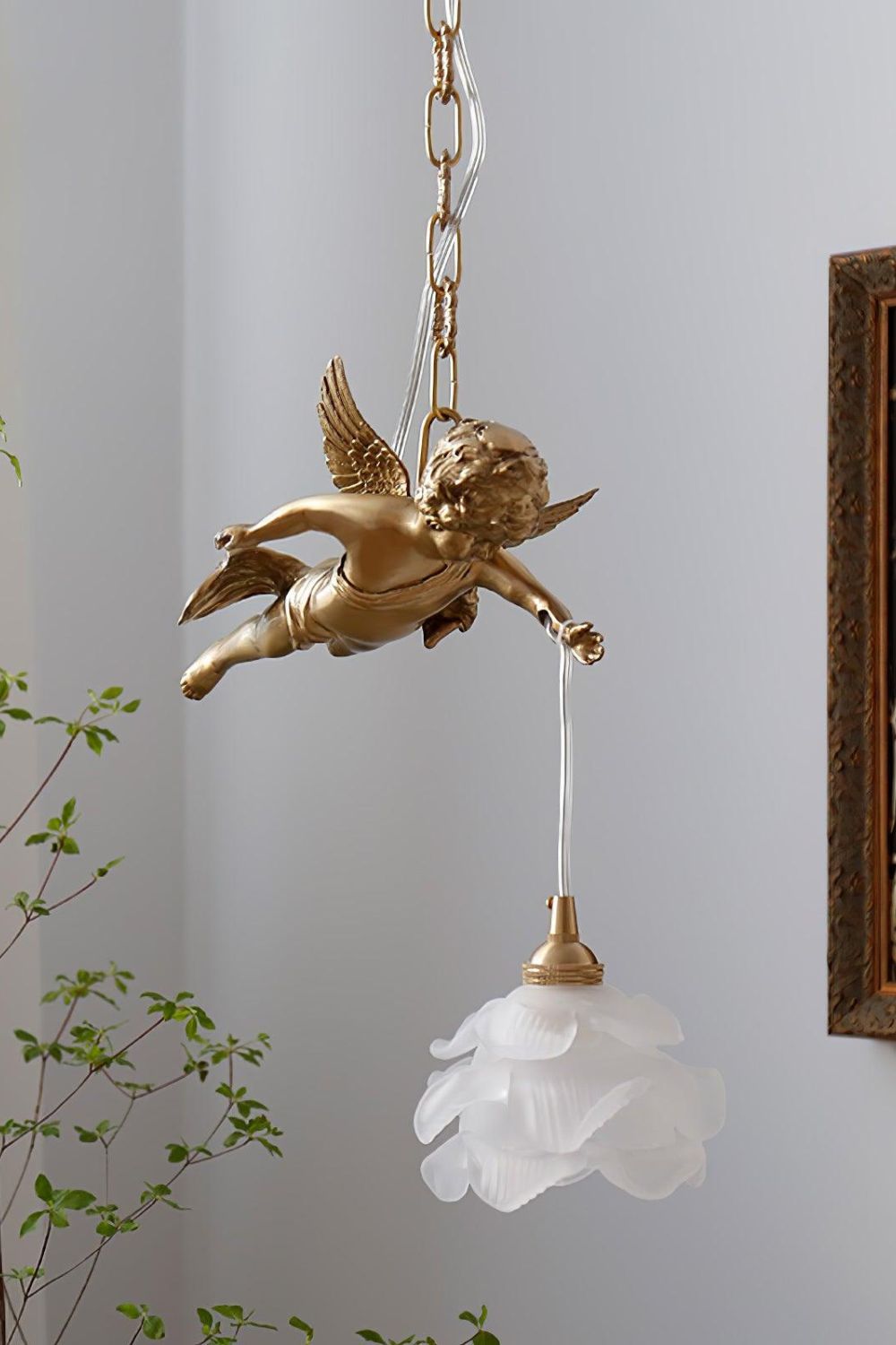 Art Deco Brass Angel Pendant Light with Flower Glass Shade