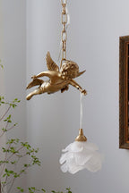 Art Deco Brass Angel Pendant Light with Flower Glass Shade