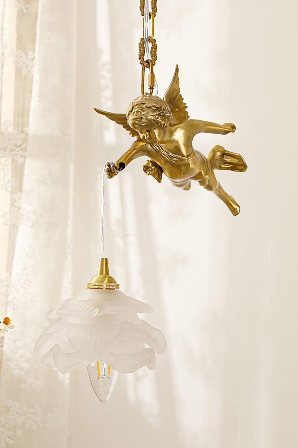 Art Deco Brass Angel Pendant Light with Flower Glass Shade